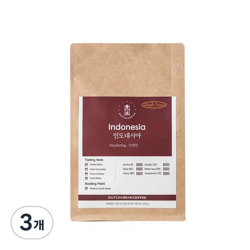 더치앤빈 싱글 오리진 인도네시아 만델링 로스팅원두, 프렌치프레스, 200g, 3개