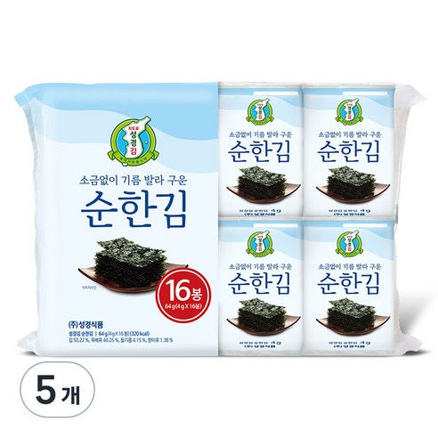 지도표 성경김 소금없이 기름 발라 구운 순한김, 64g, 5개