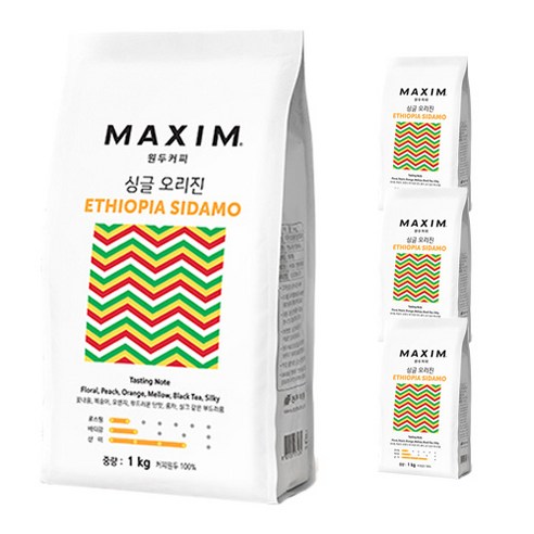 맥심 싱글 오리진 에티오피아 시다모, 홀빈(분쇄안함), 4개, 1kg