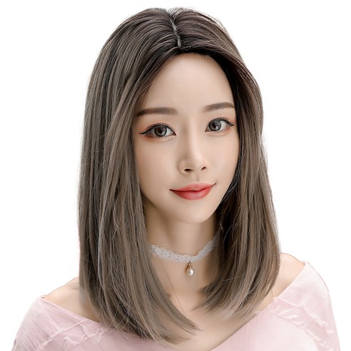 하이유니 레이어드 C컬 펌 중단발 헤어 단발 통가발 가발 45cm + 가발망 + 거치대 세트, 커피브라운, 1개 수제통가발 Best Top5