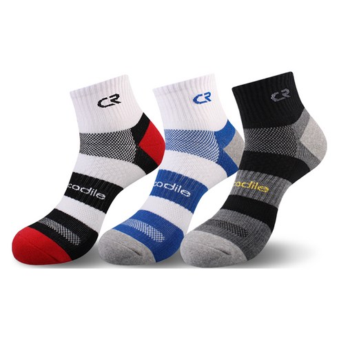 크로커다일 남성용 스포츠 전체 압박 쿠션 단목 양말 CD4SK1016 3족 세트, 블랙, 화이트레드, 화이트블루, 1세트