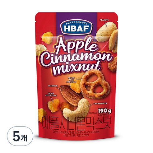 HBAF 넛츠앤스낵스 애플 시나몬믹스넛, 190g, 5개