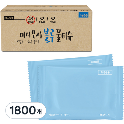 그린위생산업 미니무지 블루 1매포장 물티슈, 1매입, 1800개