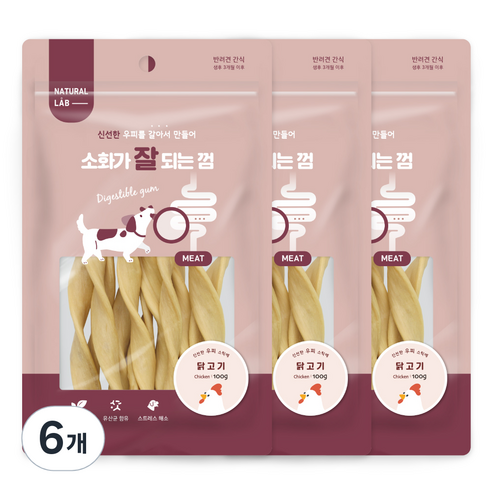 네츄럴랩 소화가 잘되는 껌 강아지 간식 100g, 닭고기, 6개