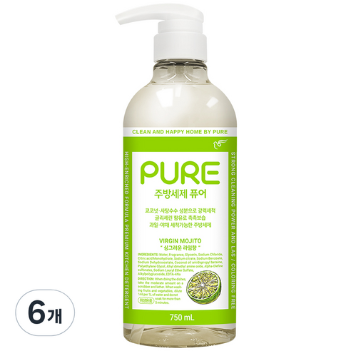 피죤퓨어 버진 모히토 주방세제, 750ml, 6개