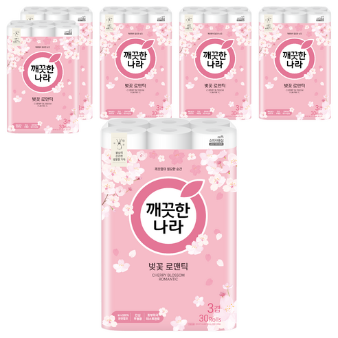 깨끗한나라 벚꽃 로맨틱 천연펄프 3겹 고급롤화장지, 27m, 30개입, 6개