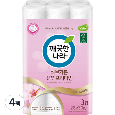 깨끗한나라 3겹 펄프 허브가든 벚꽃 프리미엄 화장지 28m, 30롤, 4팩