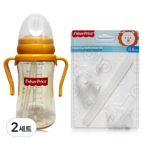 피셔프라이스 국내 제조 PPSU 만능 빨대컵 300ml + 교체형 빨대 리필세트, 옐로우, 2세트