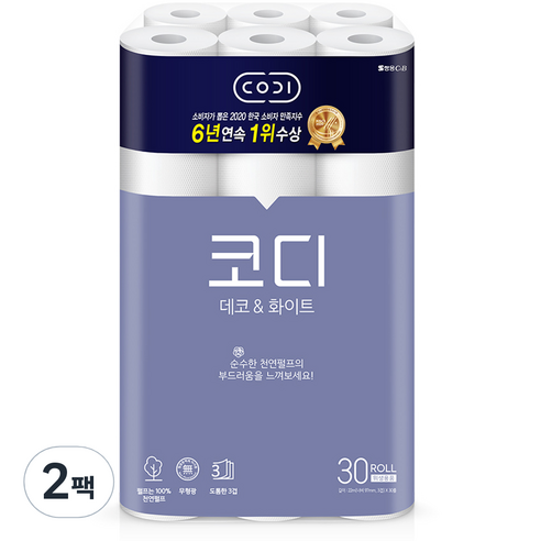 코디 3겹 데코앤화이트 천연펄프 화장지 22m, 30롤, 2팩