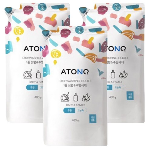 아토앤오투 1종 젖병 & 주방세제 리필 무향, 480g, 3개