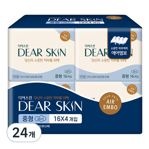 깨끗한나라 디어스킨 에어엠보 중형 생리대 날개형, 16개입, 24개