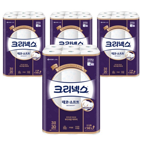크리넥스 3겹 데코&소프트 천연펄프 고급롤화장지, 27m, 30개입, 4개