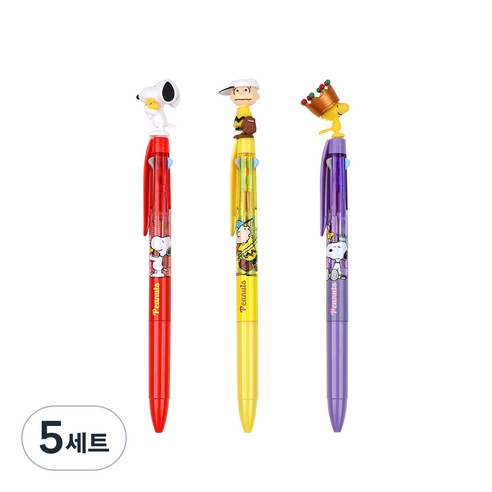 피너츠 마스코트 3색 볼펜 3종 세트 A타입 0.5mm, 스누피 글러브, 찰리, 우드스탁, 5세트