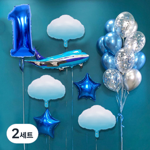 마켓감성 블루비행기테마 생일풍선세트, 타입1, 2세트