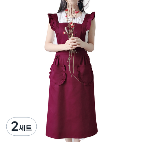 마이워니 원피스형 프릴 롱 에이프런 앞치마 + 두건, 와인, 2세트