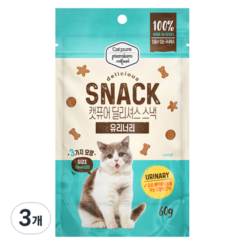 캣퓨어 고양이 딜리셔스 스낵 유리너리, 60g, 3개, 혼합맛(닭고기/참치)