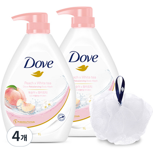 도브 한정판 촉촉 라이트 샤워 세트 - 화이트 피치 리밸런싱, 4개, 1L