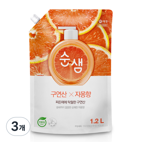 순샘 구연산 자몽 주방세제 리필, 1.2L, 3개