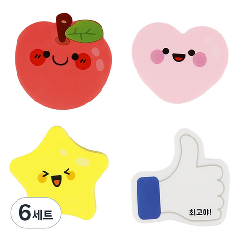 슈퍼쌤 캐릭터 모양 지우개 4종 세트, 사과, 엄지척, 하트, 별, 6세트