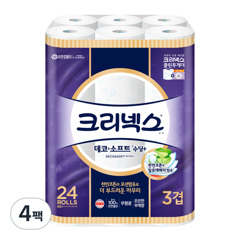 크리넥스 3겹 데코 앤 소프트 수딩플러스 화장지 27m, 4팩, 24롤