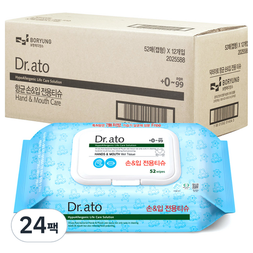 닥터아토 손 & 입 전용티슈 캡형 60gsm, 52개입, 24개
