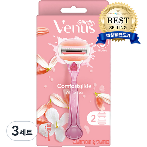 Venus 컴포트 글라이드 화이트티 여성용 면도기 핸들1입 + 면도날2입, 3세트