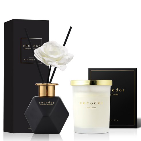 코코도르 소이캔들 미디움자 220g + 블랙골드에디션 디퓨저 200ml 세트, 캔들(퓨어코튼)+디퓨저(숲속오두막), 1개