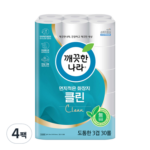깨끗한나라 3겹 먼지적은 화장지 클린 30m, 4팩, 30롤