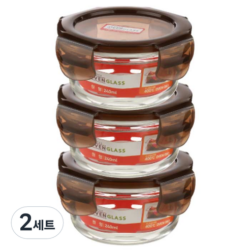수퍼오븐글라스 원형 내열유리 밀폐용기 세트, 2세트, 원형 240ml 3p