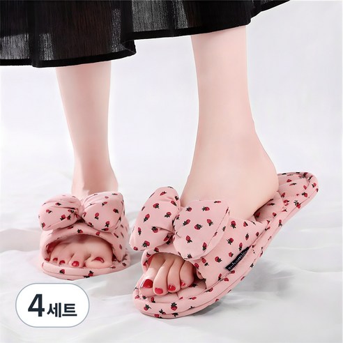 오브메종 3중 쿠션 딸기 리본 면 슬리퍼, 핑크, 4세트