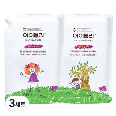 아이블리네이처 티아레 플라워향 코코넛 오일 성분 유아용 세제 1.2L + 섬유유연제 1.2L, 3세트
