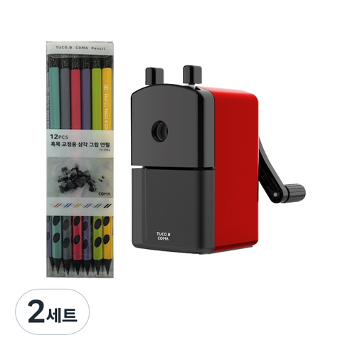투코비 코마 흑목 삼각 교정연필 B TC-P03 12p + 코마 점보연필겸용 연필깎이 TC-M1 세트, 랜덤발송(연필), 레드(연필깎이), 2세트