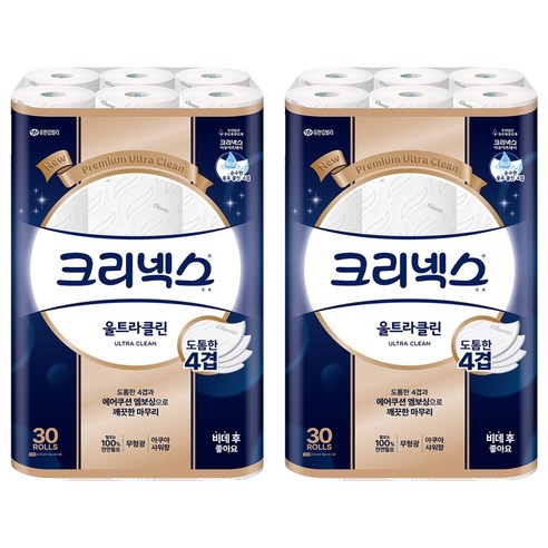 크리넥스 울트라클린 천연펄프 4겹 고급롤화장지, 25m, 30개입, 2개