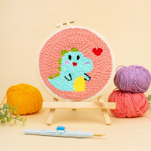 아트조이 DIY 펀치 니들 자수 + 4단 바늘 + 나무 받침대 세트, 1세트, 리틀 다이노소어