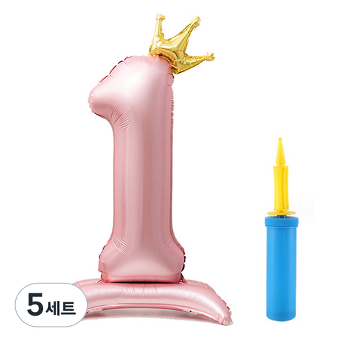 올리브파티 초대형 스탠딩 왕관 숫자 생일풍선 + 손펌프 세트, 핑크(숫자1), 5세트