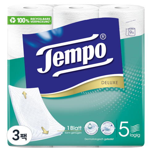 Tempo 천연펄프 5겹 고급롤화장지, 11m, 9롤, 3개