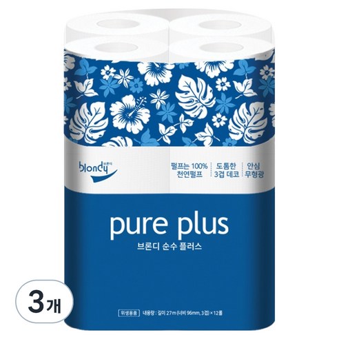 브론디 순수플러스 천연펄프 3겹 고급롤화장지, 27m, 12롤, 3개