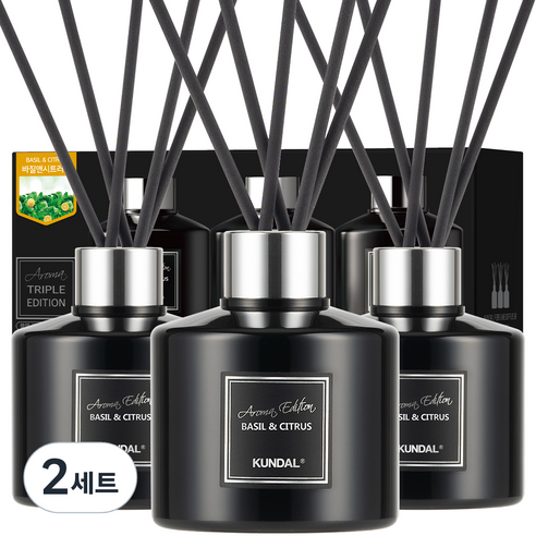 쿤달 퍼퓸 디퓨저 아로마에디션 200ml 3개 + 섬유스틱 15개 세트, 바질앤시트러스향, 2세트