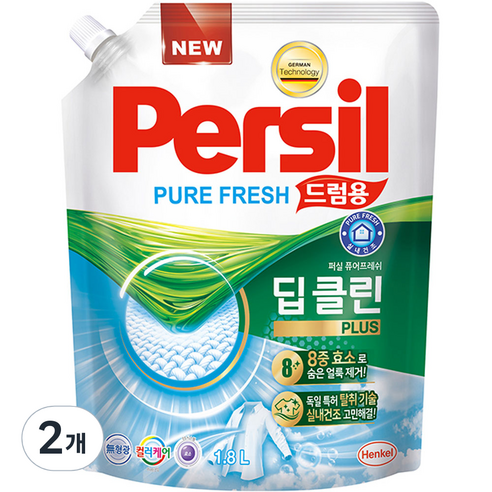 퍼실 딥클린 플러스 퓨어프레쉬 드럼용 액상세제 리필, 1.8L, 2개