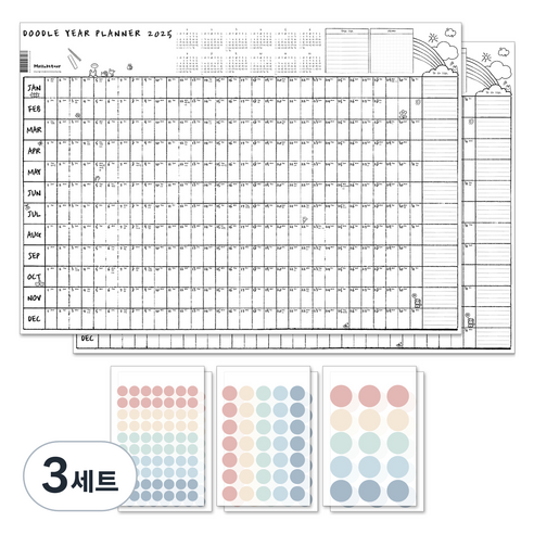 멜로우스토리 두들 연간 플래너 2025 포스터 달력 2p + 스티커 3종 x 2p 세트, 혼합색상, 3세트