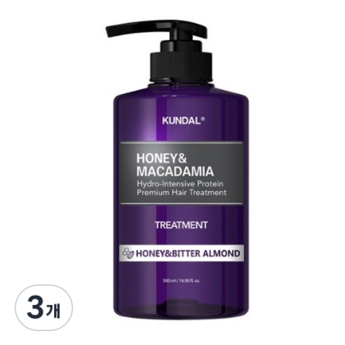 쿤달 단백질 헤어 트리트먼트 허니앤비터아몬드향, 500ml, 3개