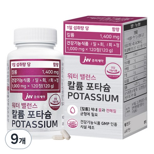 JW중외제약 워터 밸런스 칼륨 포타슘, 120정, 9개