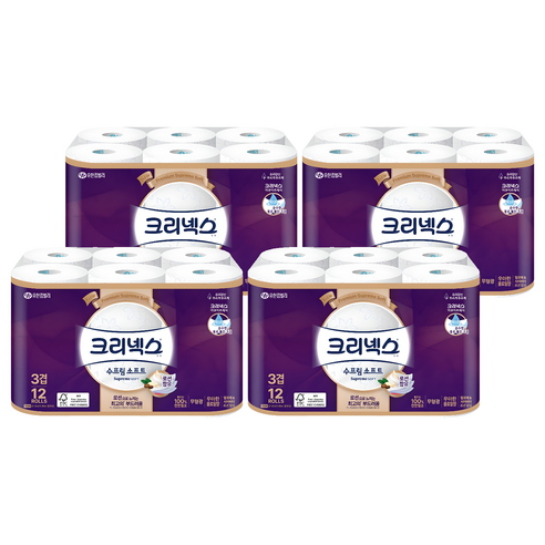 크리넥스 수프림 소프트 천연펄프 3겹 고급롤화장지, 27m, 12개입, 4개
