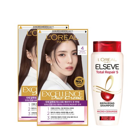 로레알파리 엑셀랑스 듀오크림 염색제 4호 2p + 샴푸 170ml 기획세트, 1세트