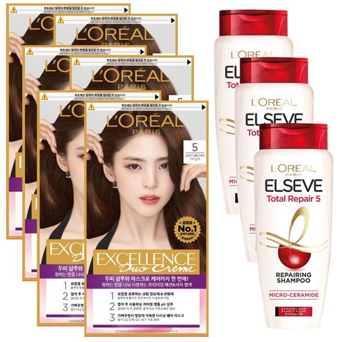 로레알파리 엑셀랑스 듀오크림 염색약 5호 자연갈색 2p + 토탈 리페어 샴푸170ml, 3세트