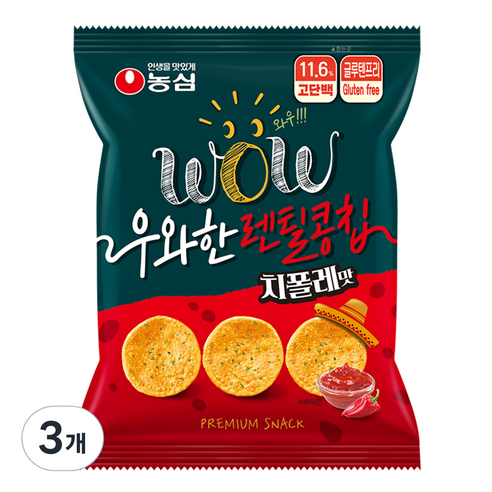 농심 우와한 렌틸콩칩 치폴레맛, 3개, 55g