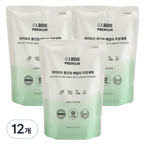 아이보브 올인원 패밀리 주방세제 리필, 12개, 500ml