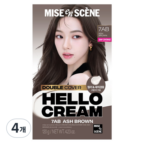미쟝센 헬로크림 더블커버 새치 겸용 염모제, 4개, 애쉬브라운