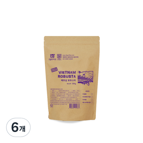 1킬로커피 싱글오리진 베트남 로부스타, 홀빈(분쇄안함), 334g, 6개