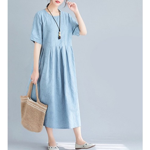 편안함과 세련미를 겸비한 유니제이 지젤라 린넨 플라워패턴 반팔 원피스